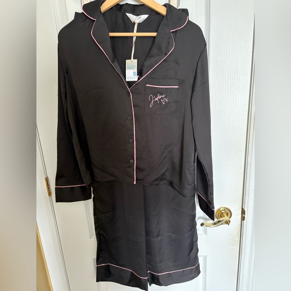 Primark Black Satin Pajama Set with Pink Trim- NWT